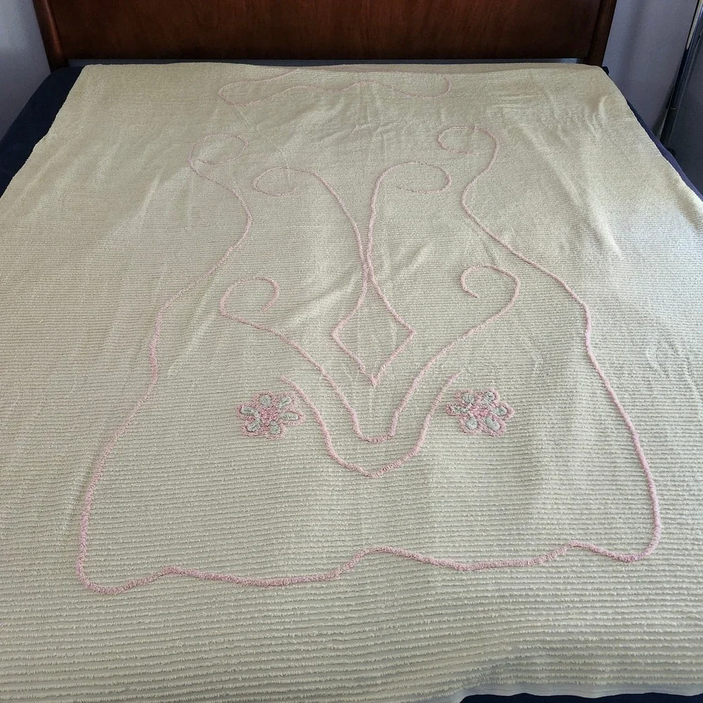 2 Chenille Bedspread Twin Full Yellow Pink Floral Vintage Cottagecore Appx 87x67